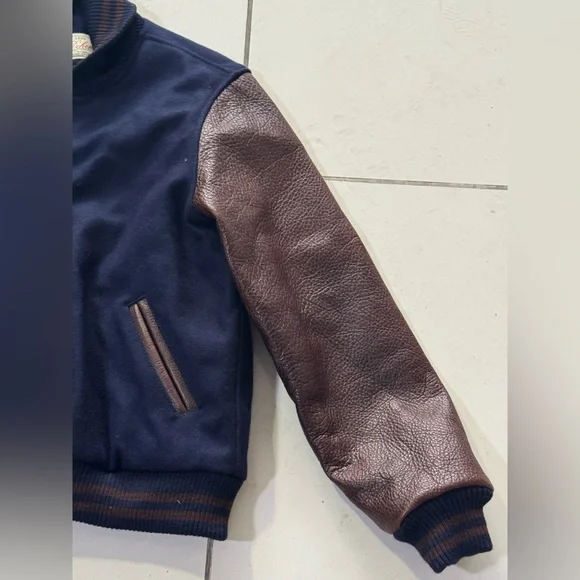 Dehen Varsity Jacket Navy with Brown Leather Sleeves Made in USA